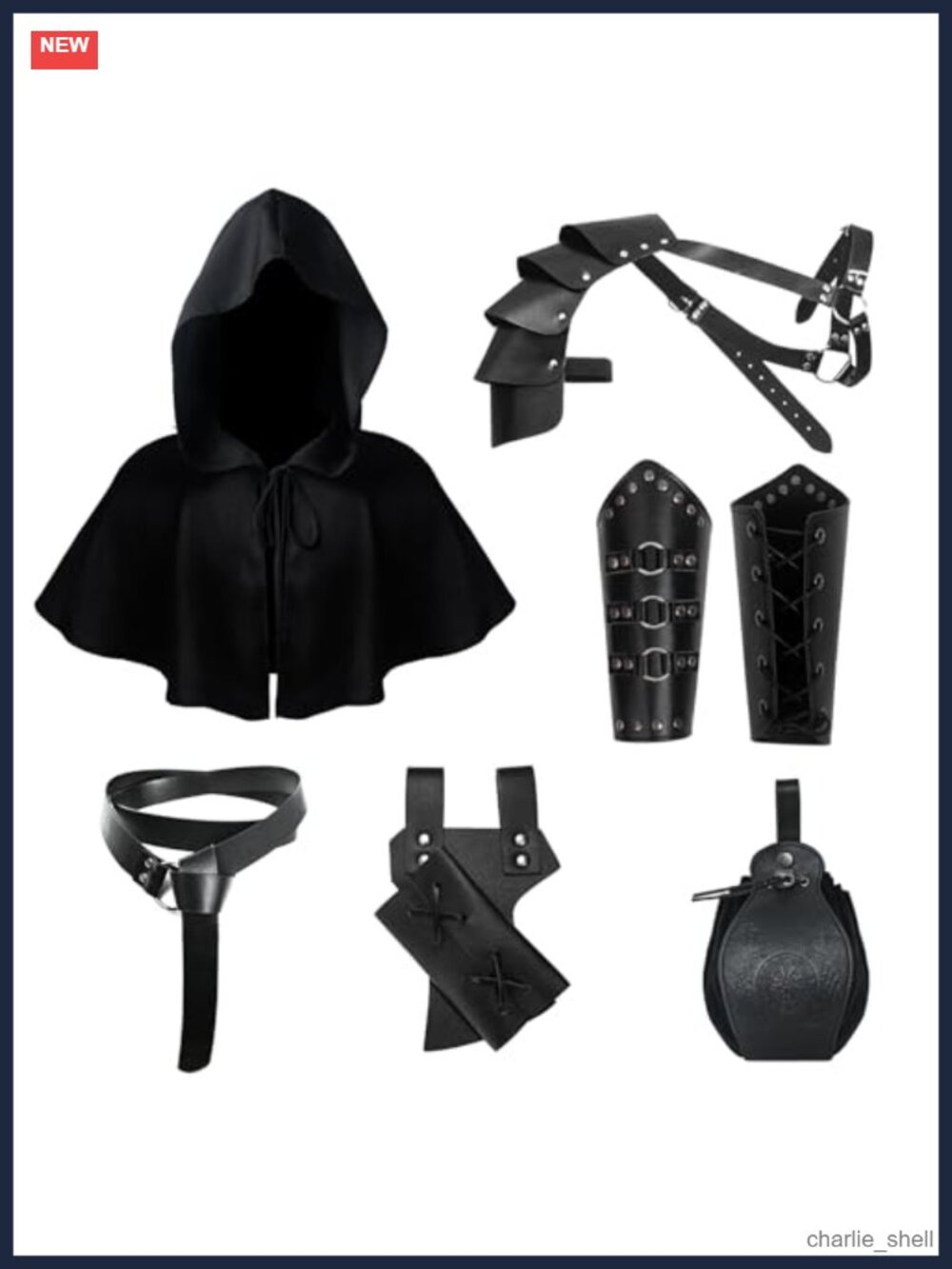 Medieval Knight Accessories Set Faux Leather Belt Pouch Cape Bracers Costume